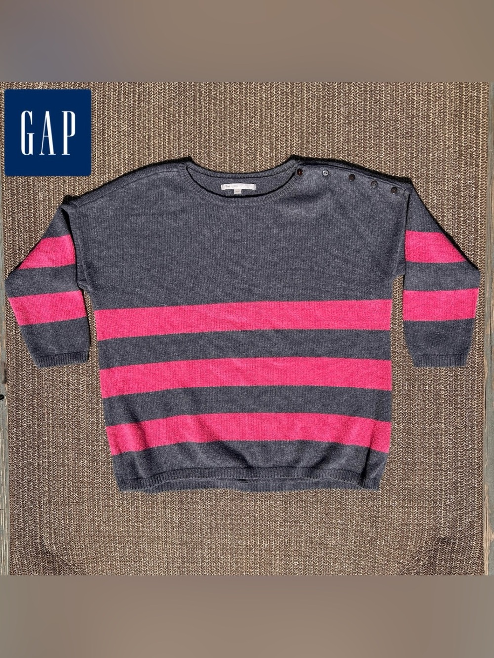 Gap Vintage 2012 Cashmere Blend Pink Gray Striped Shoulder Button Sweater S